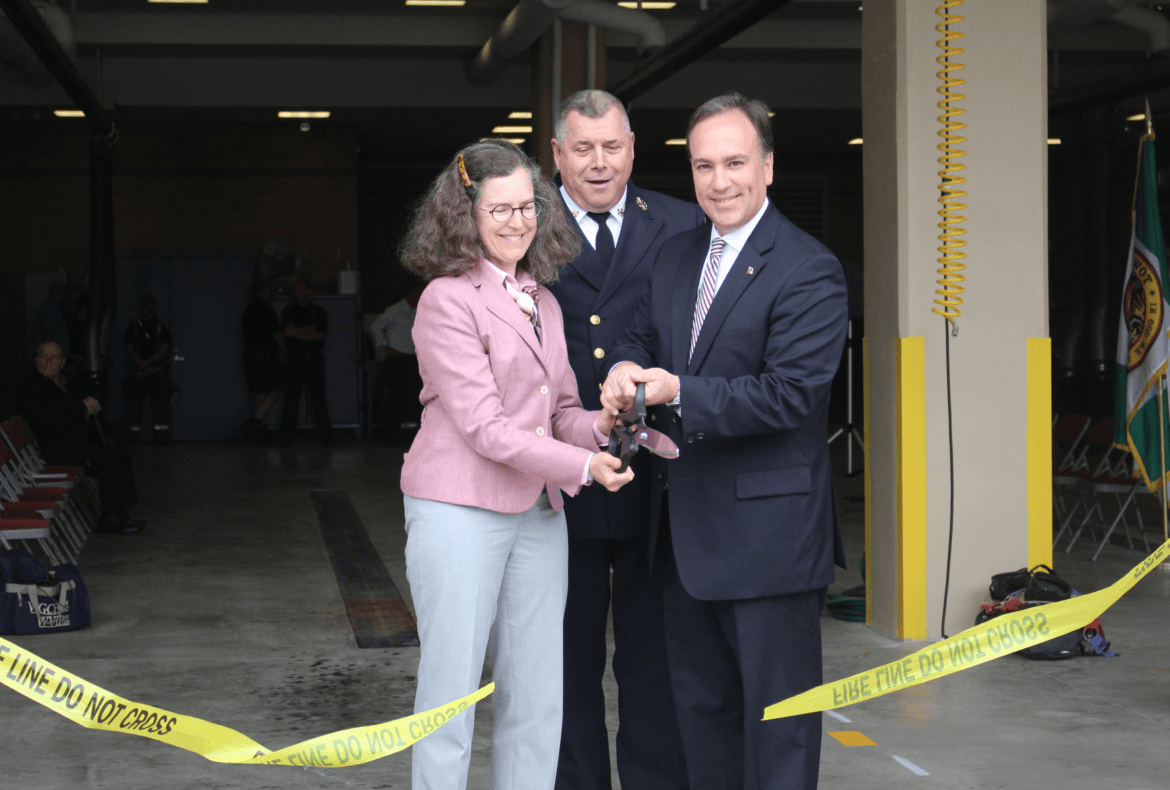 Commissioner of Public Works Amhy Siebert, Fire Chief: Peter J. Siecienski and First Selectman who is also the Fire Commissioner, Peter Tesei, May 24, 2017 Photo: Leslie Yager