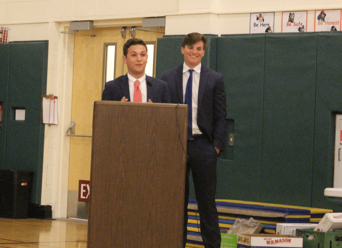 Joe Magliocco and Ricky Columbo address the Board of Education on May 25, 2017. Photo: Leslie Yager