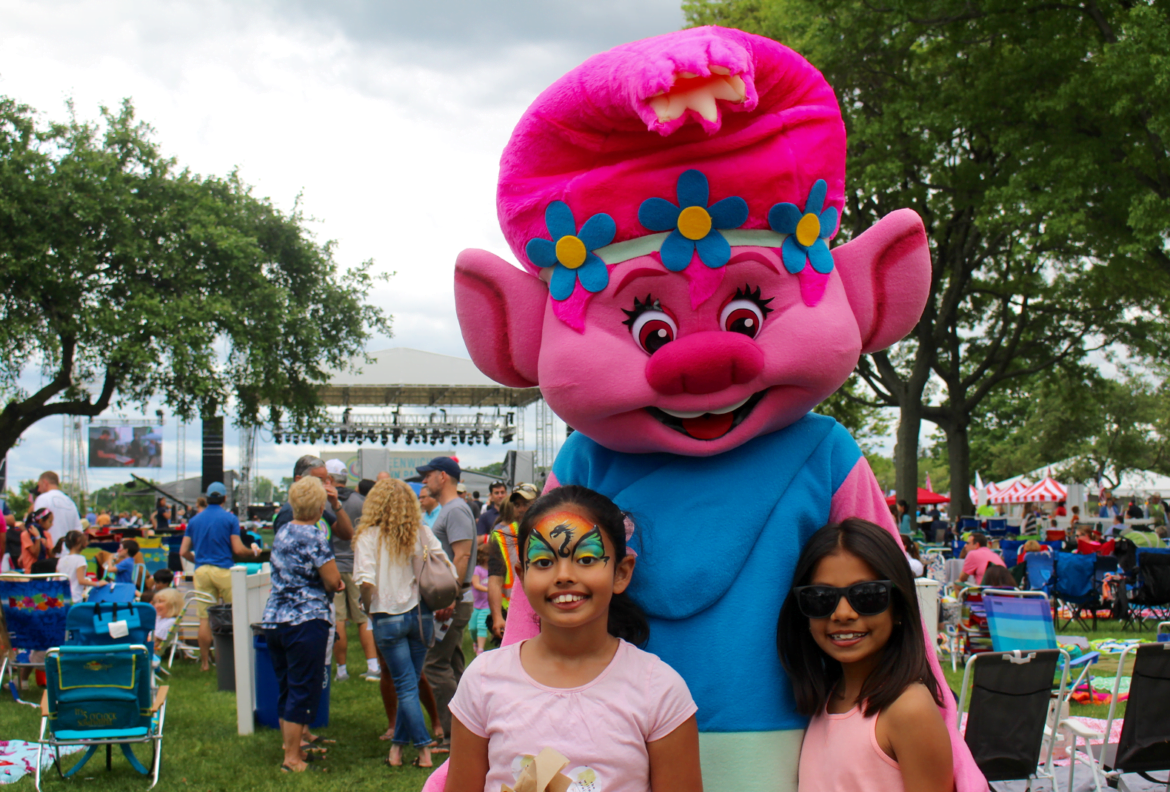 Trystin Thoper and Elisia Cho with Poppy from The Trolls at Greenwich Town Party, May 27, 2017 Photo: Leslie Yager