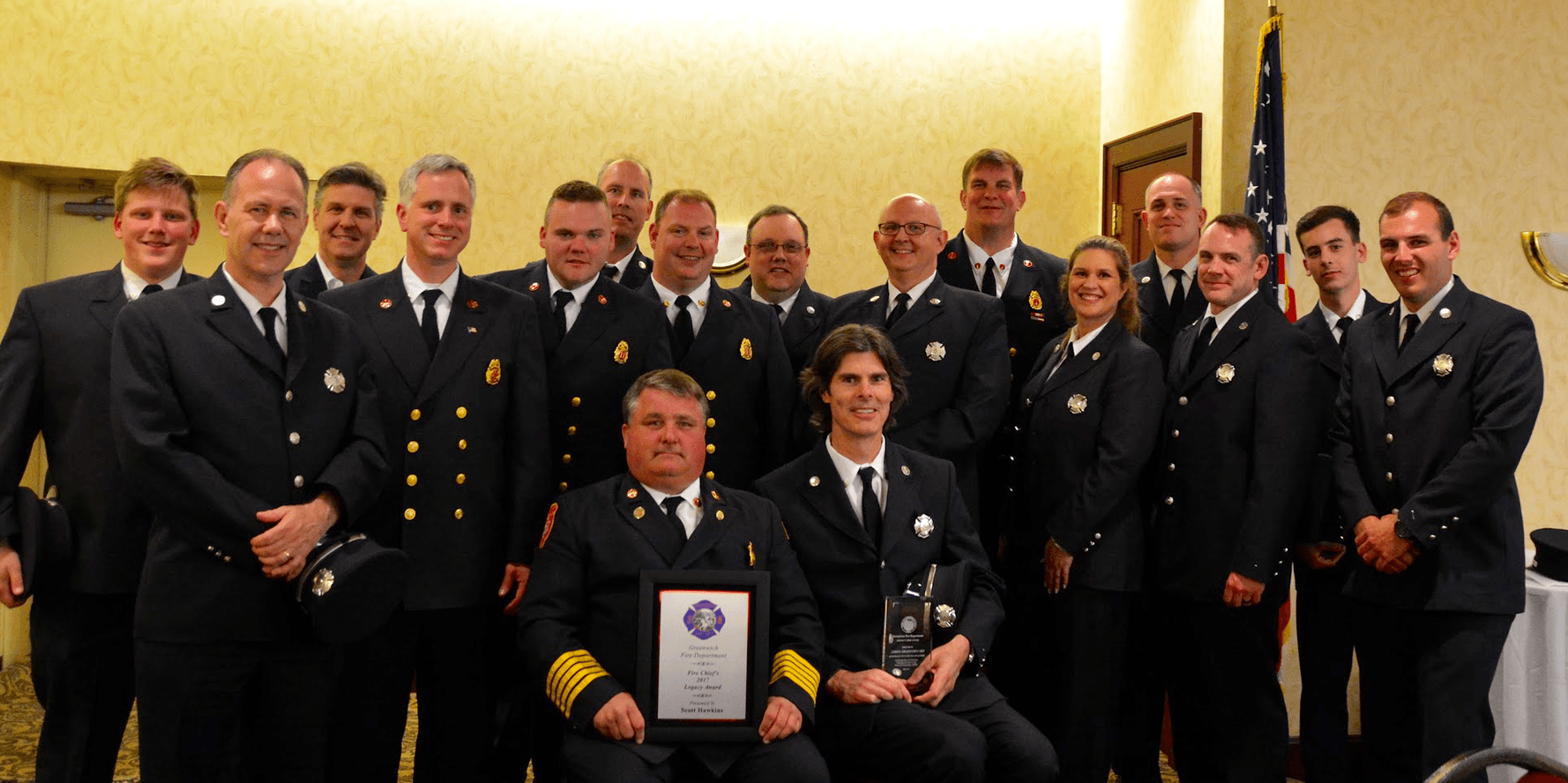 Members of the Sound Beach Volunteer Fire Dept. first row: L to R : Past District Chief Ronald S. Hawkins - GFD Legecy Award and James Bradford Sry - District Chief Award