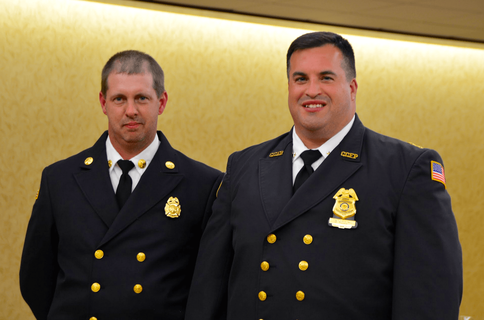 L to R - 1st Asst. Chief Robert Wilson of Round Hill Volunteer Fire Co was presented by Brian M. Kelly, Greenwich Fire Department's Volunteer Coordinator/Chief of the Cos Cob Fire Police Patrol, the Volunteer Coordinators Award