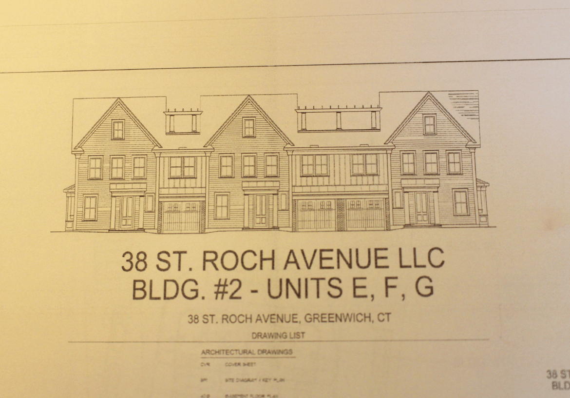 Rendering of proposed 3 unit building at front. The rear has a proposed 4 unit building. Illustration courtesy of Greenwich Town Hall P&Z dept.