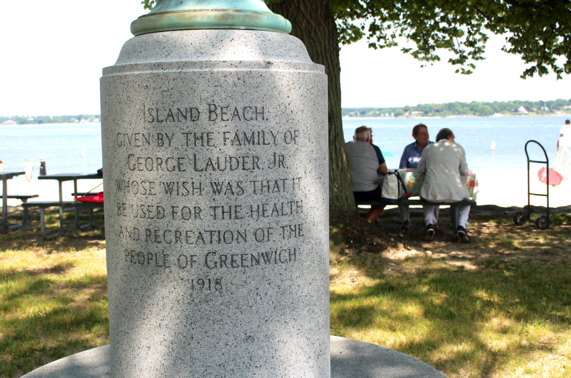 Monument at flag pole at Island Beach says the island was given by the family of George Lauder, Jr whose wish was that it be used for the health and recreation of the people of the town of Greenwihch. It was dedicated in 1918. Photo Leslie Yager