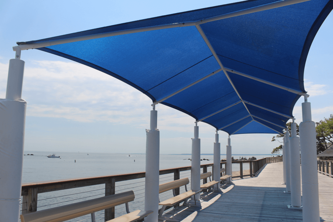 Canopy over waiting area for ferry at Island Beach. June 10, 2017