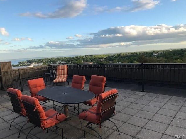 At 15 Lafayette Court, furnished rooftop deck with 360 degree views of Connecticut, New York and New Jersey. 