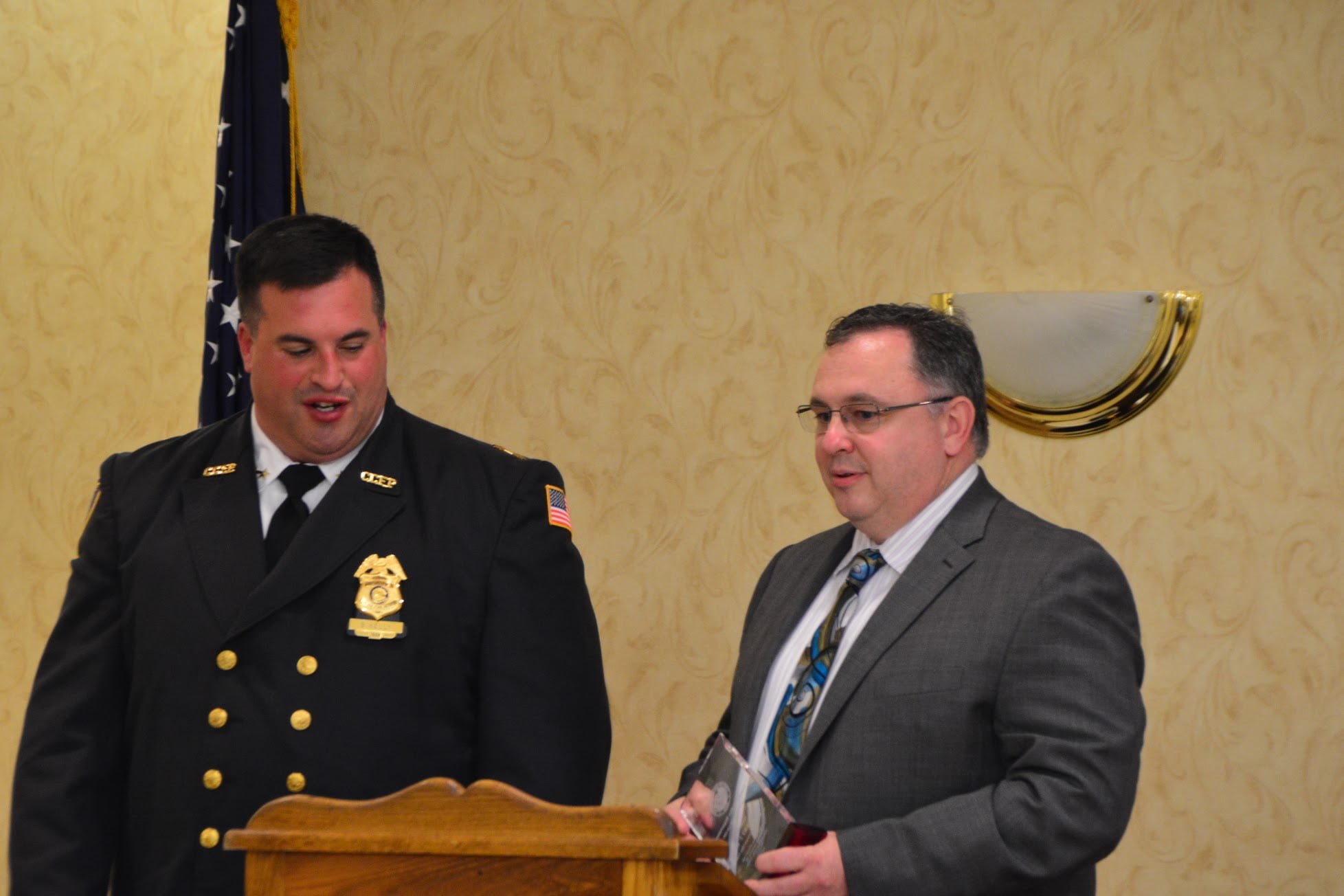 Matthew BracchittaL to R: Greenwich Fire Dept. Volunteer Coordinator/Cos Cob Fire Police Patrol’s Chief Brian M. Kelly and District Chief Steven Slusarz - Amogerone Vol. Fire Co. at the June 2 Volunteer Fire Dept awards dinner.