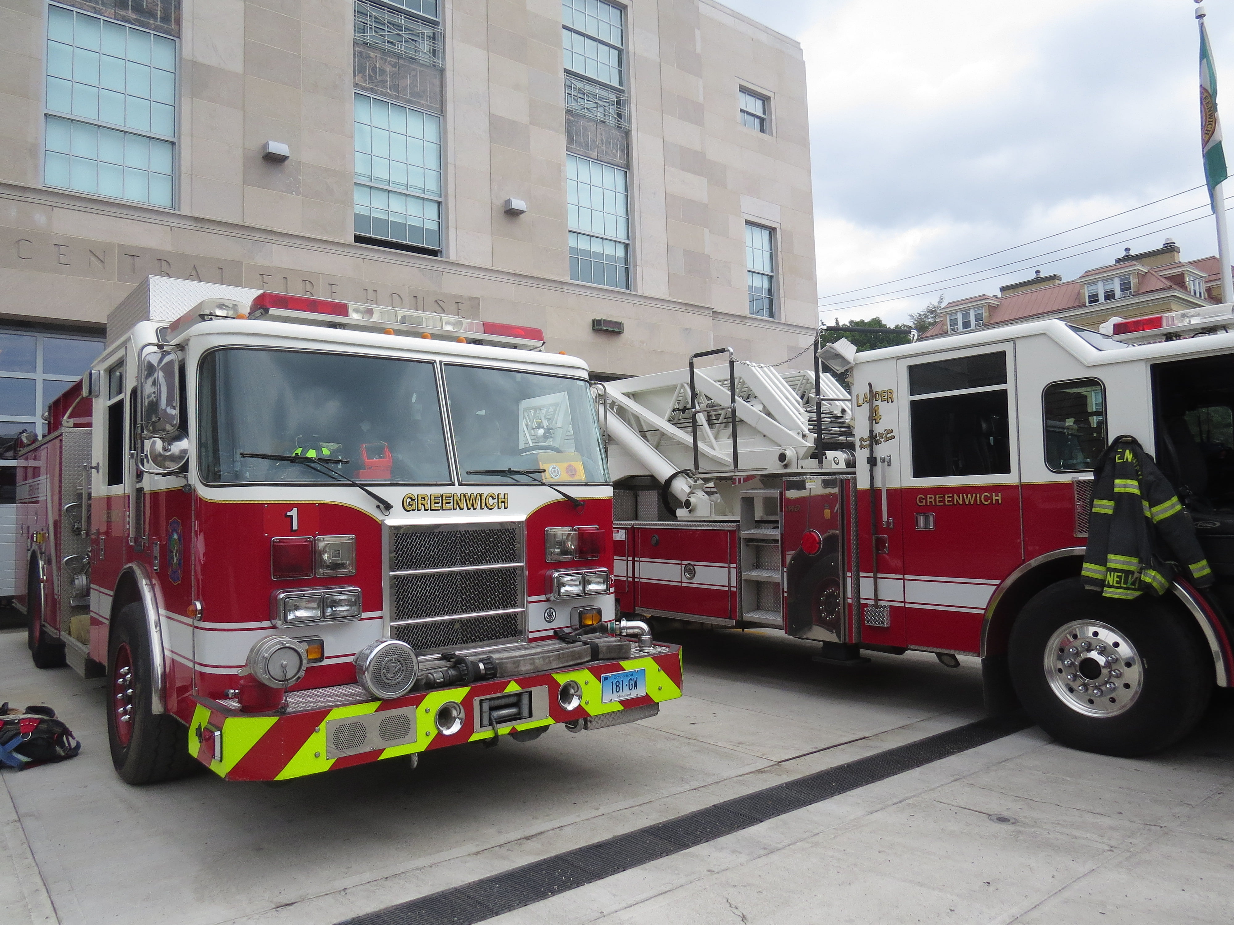 Fire trucks parked outside of Greenwich Fire Department headquarters. July 28, 2017. Photo: Devon Bedoya