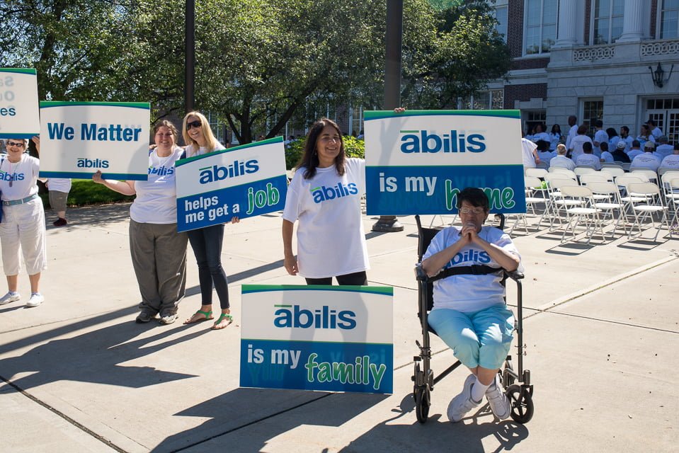 Supporters of Abilis rallied at Greenwich Town Hall on July 26 to oppose budget cuts and a state mandated furlough. Photo: Asher Almonacy
