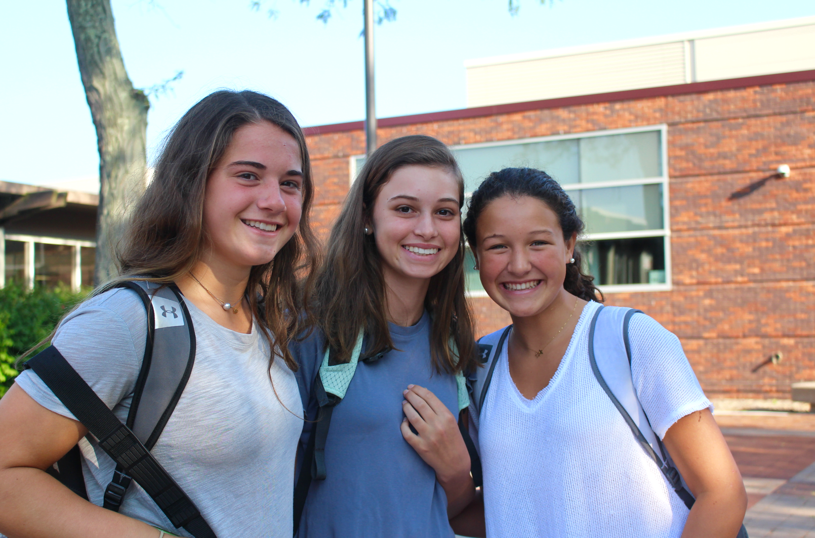 Jessica Ware, Sydney Nethercott and Emma Wingrove arrive for the first day of School at Greenwich High School. Aug 31, 2017 Photo: Leslie Yager