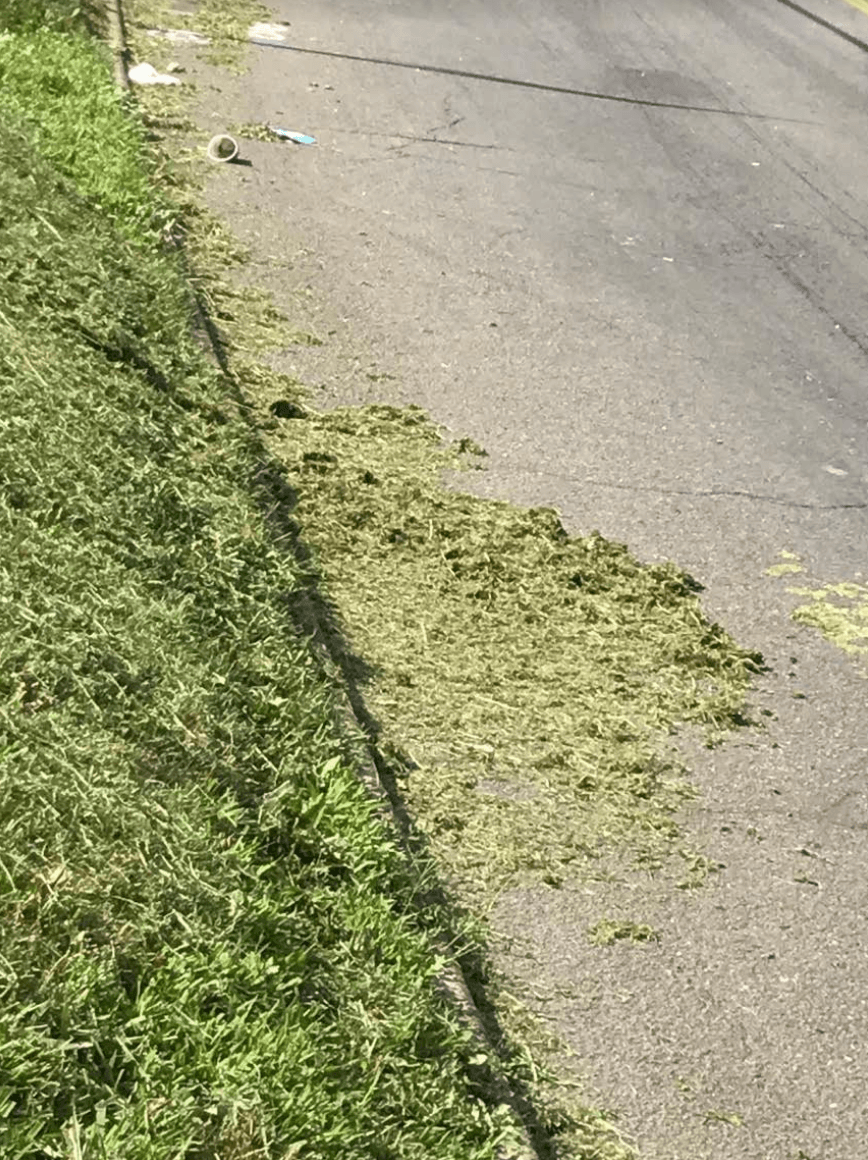 Grass clippings sprayed onto a lamp post and over the curb. Contributed photo