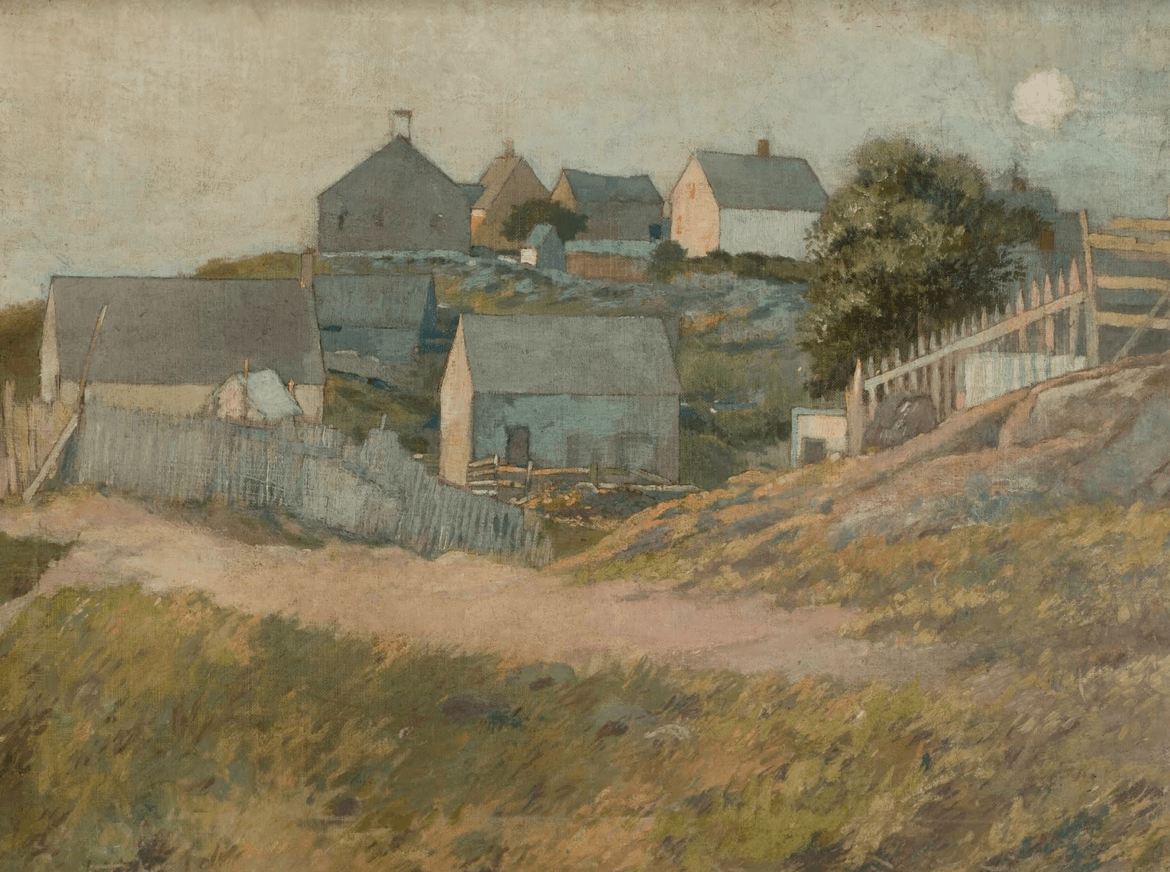 George Wharton Edwards (American, 1859-1950) Farmhouses on Monhegan Island, n.d. Oil on canvas mounted on board. 18 1/2 x 25 in. Anonymous Gift, Bruce Museum Collection 80.23.01