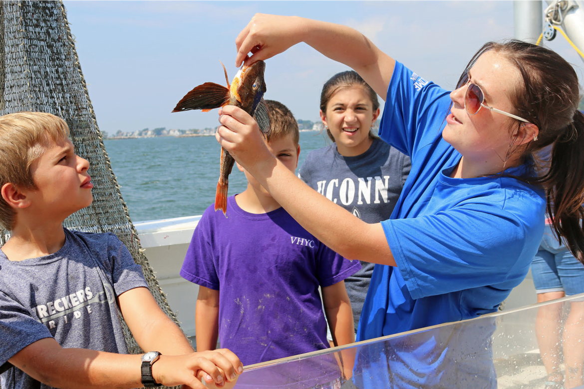 a sea robin brought up onto the research vessel R/V Spirit of the Sound during one of the Aquarium’s recent “Marine Life Encounter Cruises.”