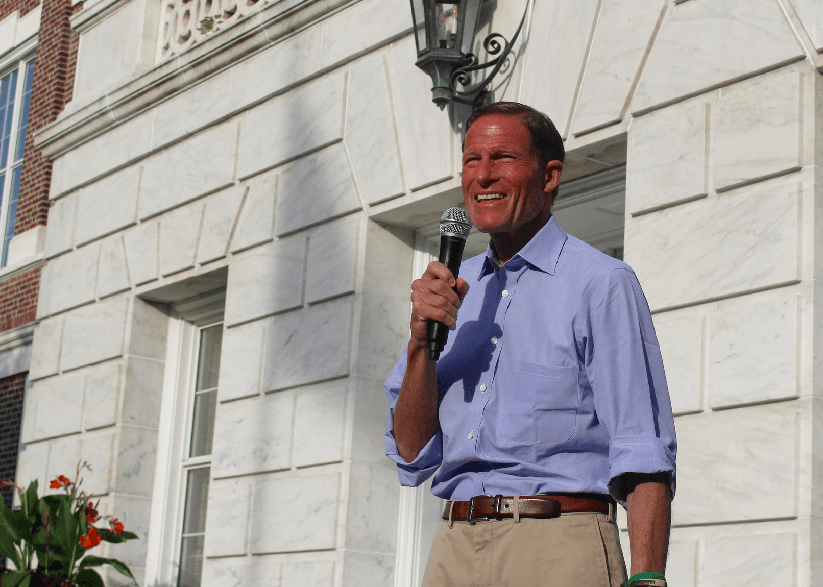 After violence erupted in Charlottesvilla on Saturday, US Senator Blumenthal addressed a crowd of about 100 at Greenwich Town Hall on Sunday evening. Aug 13, 2017 Credit: Leslie Yager