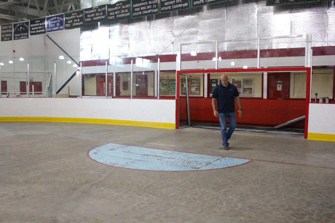 The original markings for the ice were painted onto the concrete slab at Hamill Rink back in the 1970s. Photo: Leslie Yager