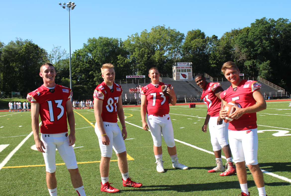The Greenwich High School Cardinals football captains, Finbar Doyle #13, Henry Saleeby #87, Kyle Woodring #73, Nick McIntosh #63, and Robert Lanni #5. Aug 20, 2017 Photo: Leslie Yager