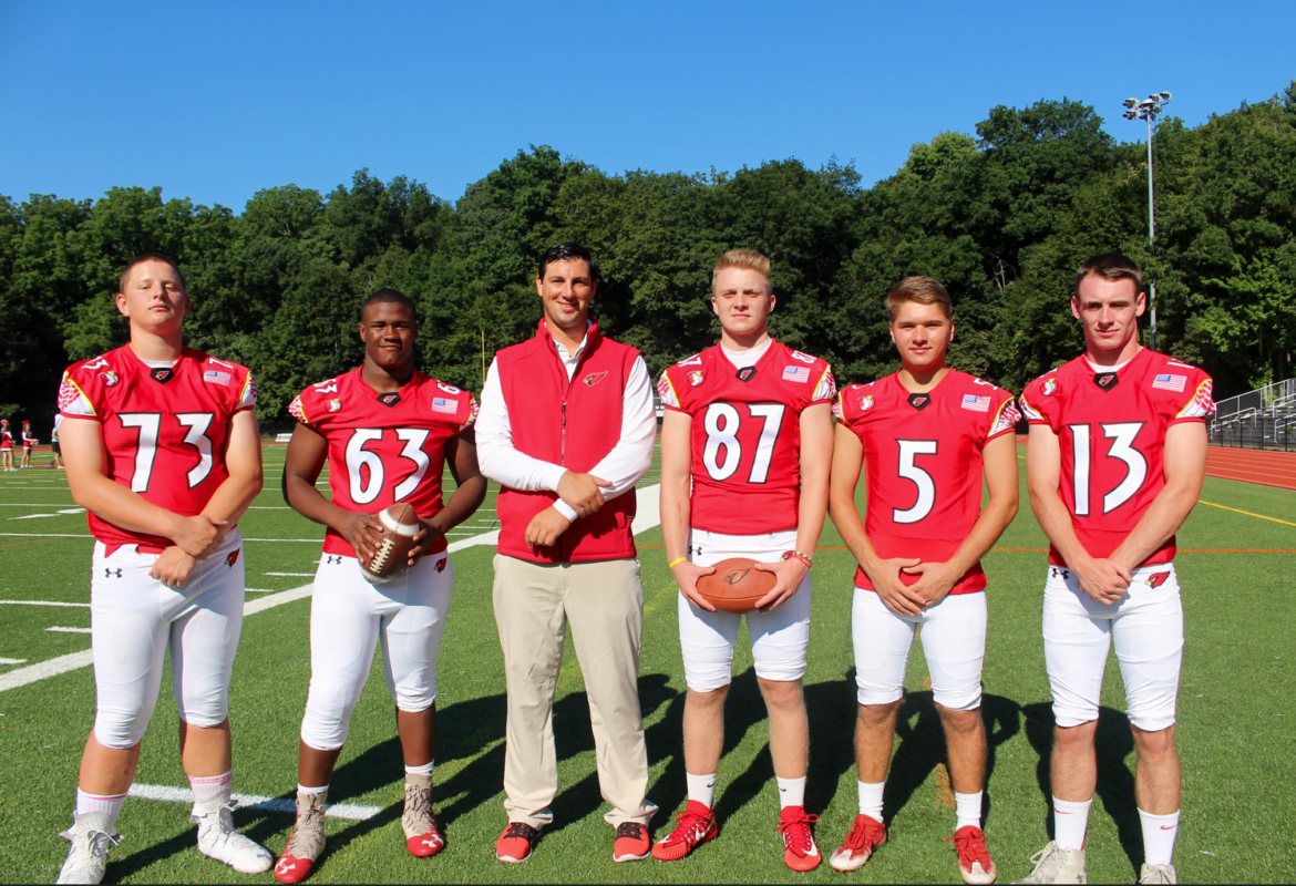 At media day GHS Cardinals football captains Kyle Woodring, Nick McIntosh, Henry Saleeby, Robert Lanni and Finbar Doyle with Coach John Marinell. Aug 20, 2017 Photo: Leslie Yager