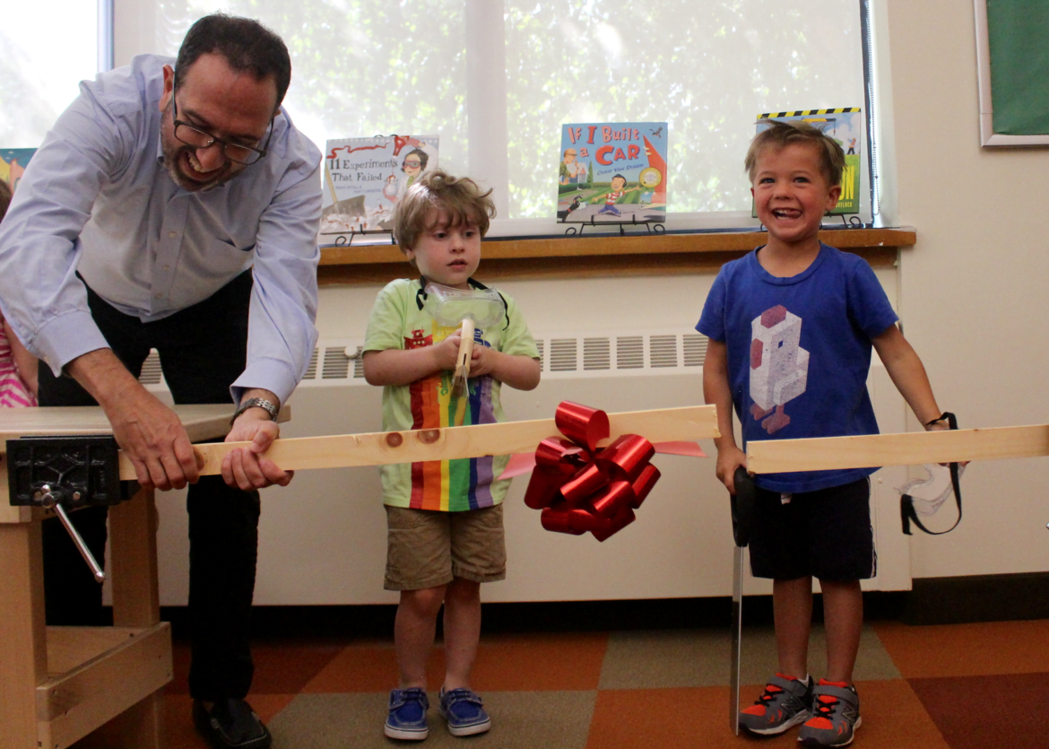 Cutting the "ribbon" at the new STEAM classroom at the Selma Maisel Nursery School at Temple Sholom. Aug 24, 2017 Photo: Leslie Yager