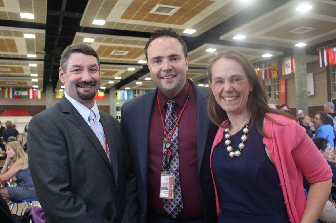 Central Middle School Principal Tom Healy with assistant principal Scott Trungadi and Jenny Byxbee. Aug 28, 2017 Photo: Leslie Yager