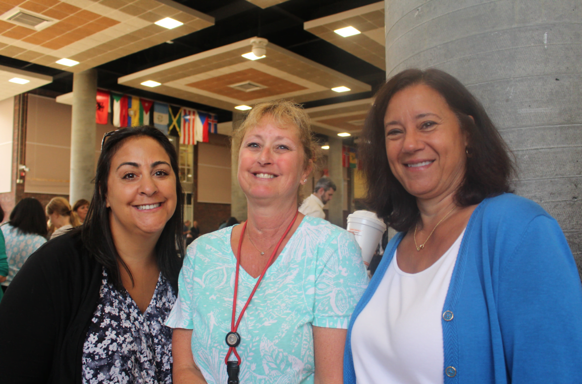 Rosemarie Ampha of Windrose, GHS wellness teacher Kim Gillick and Assistant Dean of Shelton House at GHS Elaine Chiappetta. Aug 28, 2017 Photo: Leslie Yager