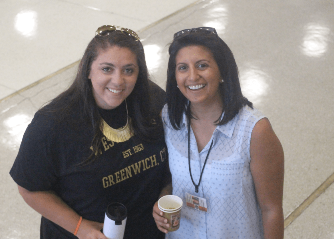 Western Middle School guidance counselor Erin Montague and Lorrie Hokayem. Aug 28, 2017 Photo: Leslie Yager