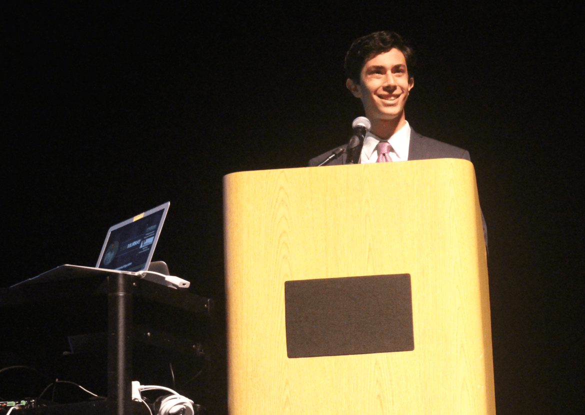 Greg Goldstein, GHS student government president at convocation. August 28, 2017 Photo Leslie Yager 