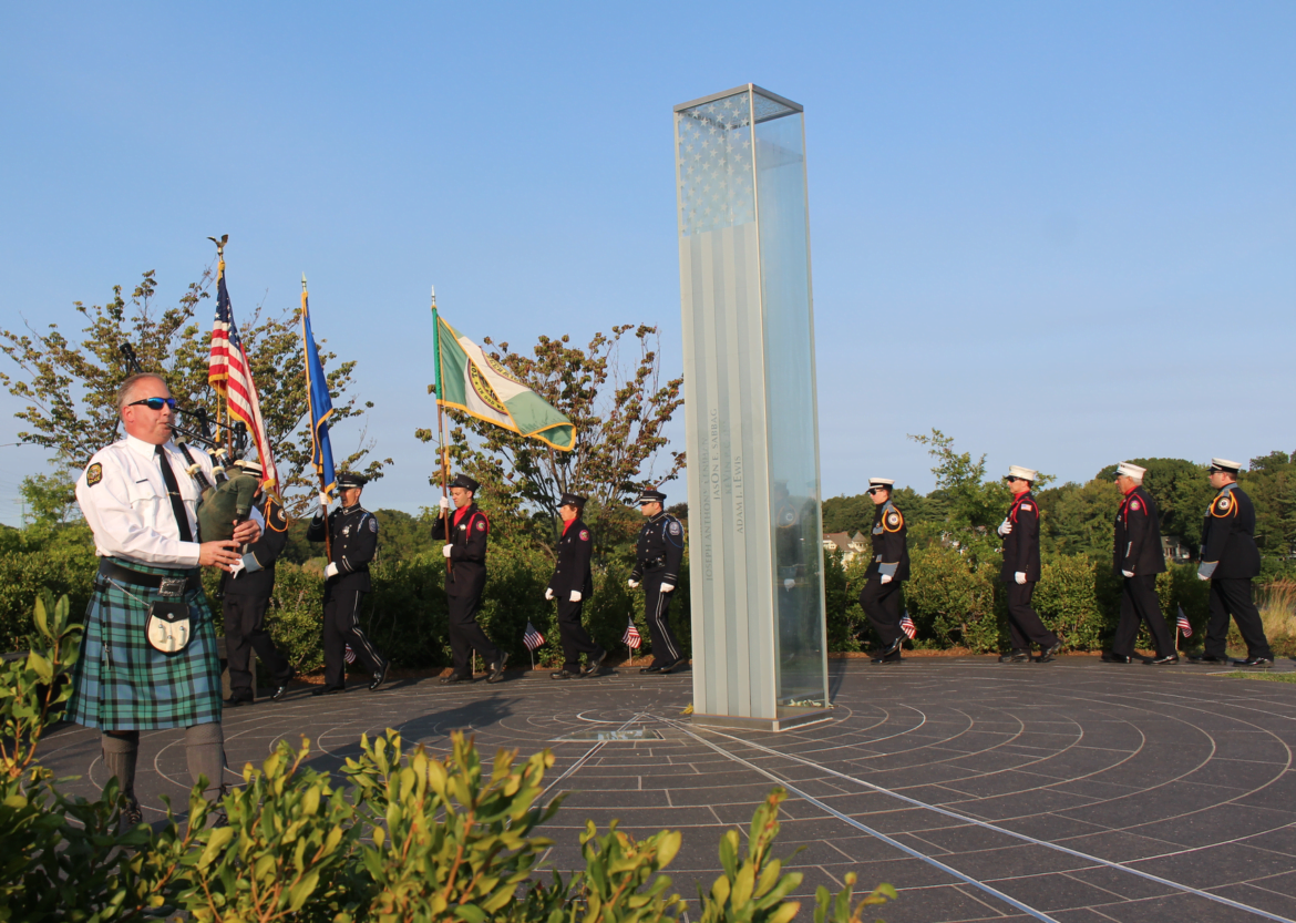 Lt James Bonney played the bagpipes as he led multiple honor guards up the hill to the September 11 monument in Cos Cob Park, Sept 11, 2017 Photo: Leslie Yager