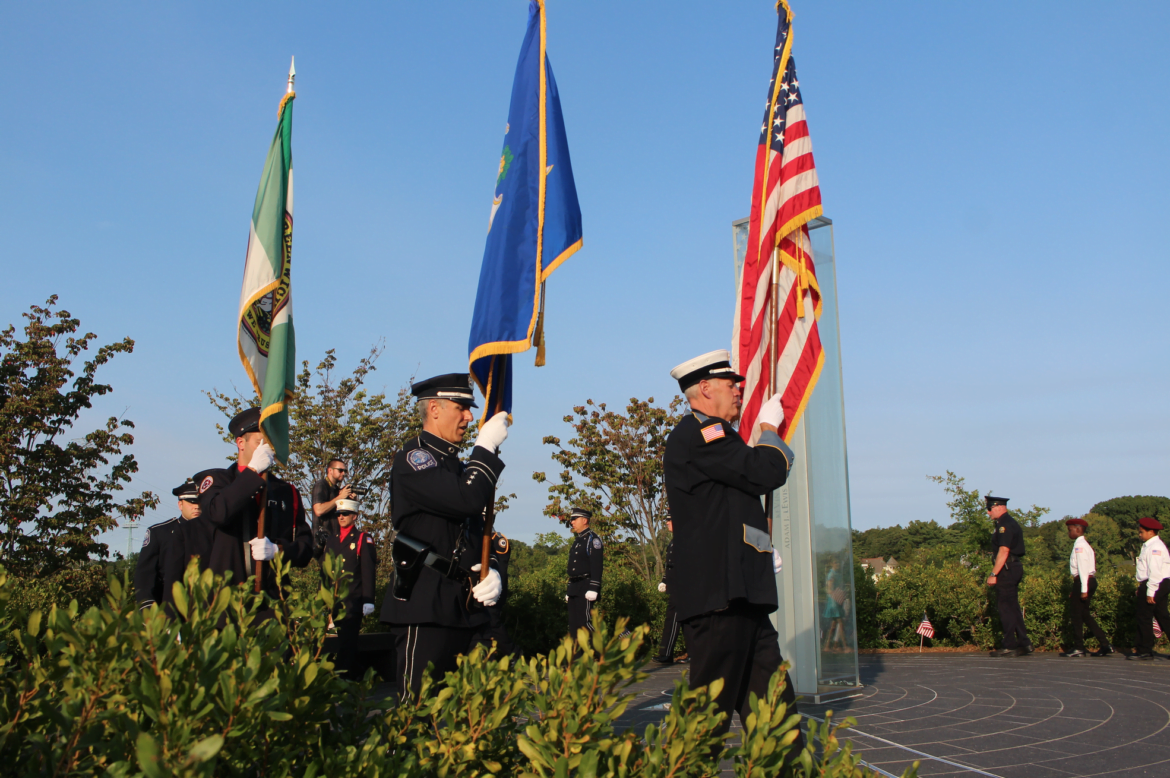 Lt James Bonney played the bagpipes as he led multiple honor guards up the hill to the September 11 monument in Cos Cob Park, Sept 11, 2017 Photo: Leslie Yager