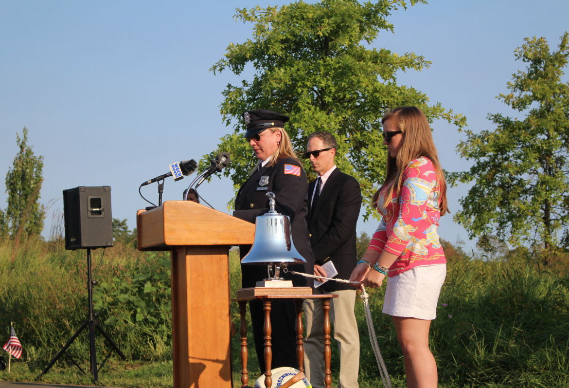 Stephanie Dunn Ashley announced the name of each person with ties to Greenwich who perished on September 11, 2001 and a bell was run after each name. 