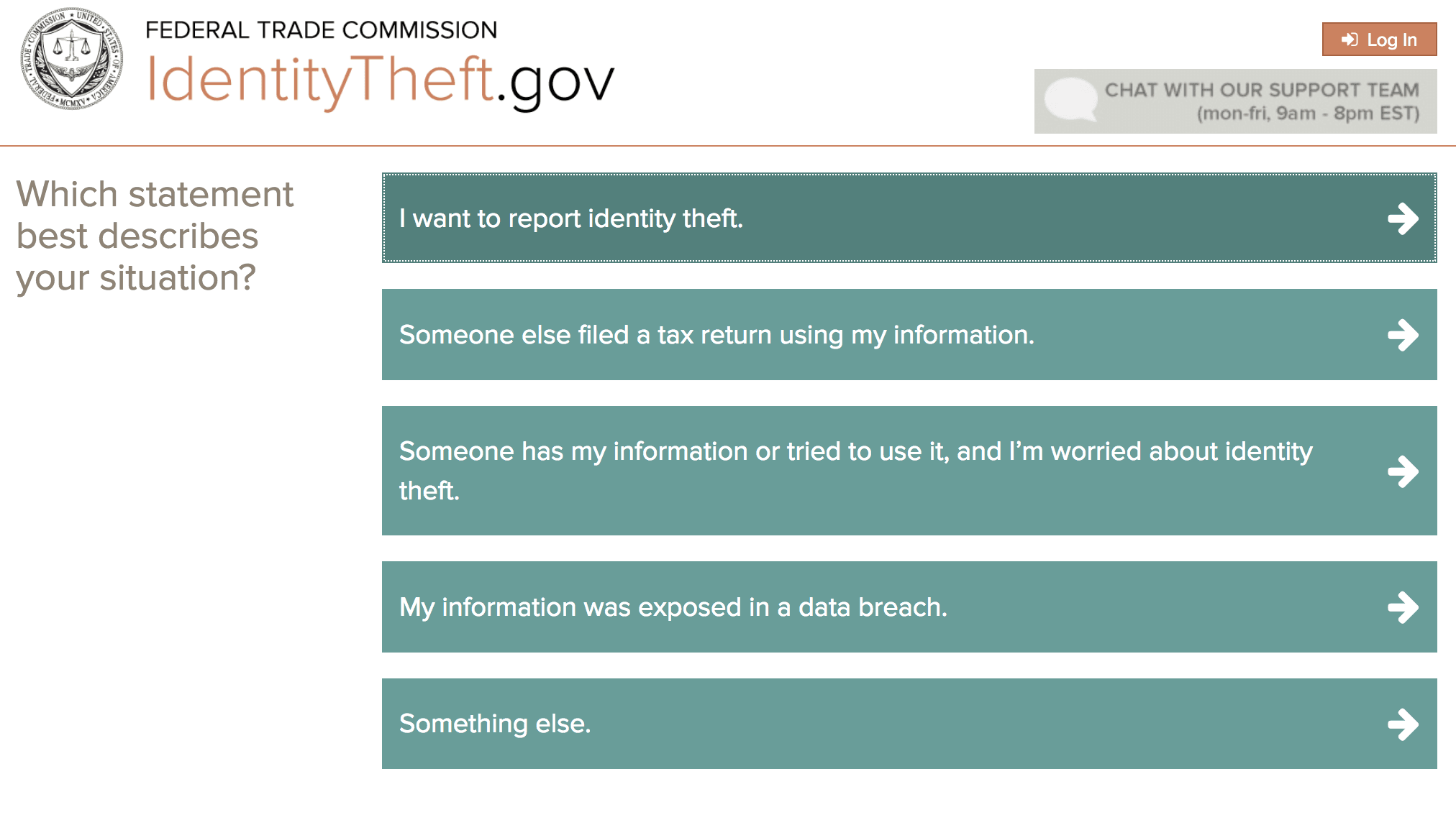 Screen from IdentityTheft.gov