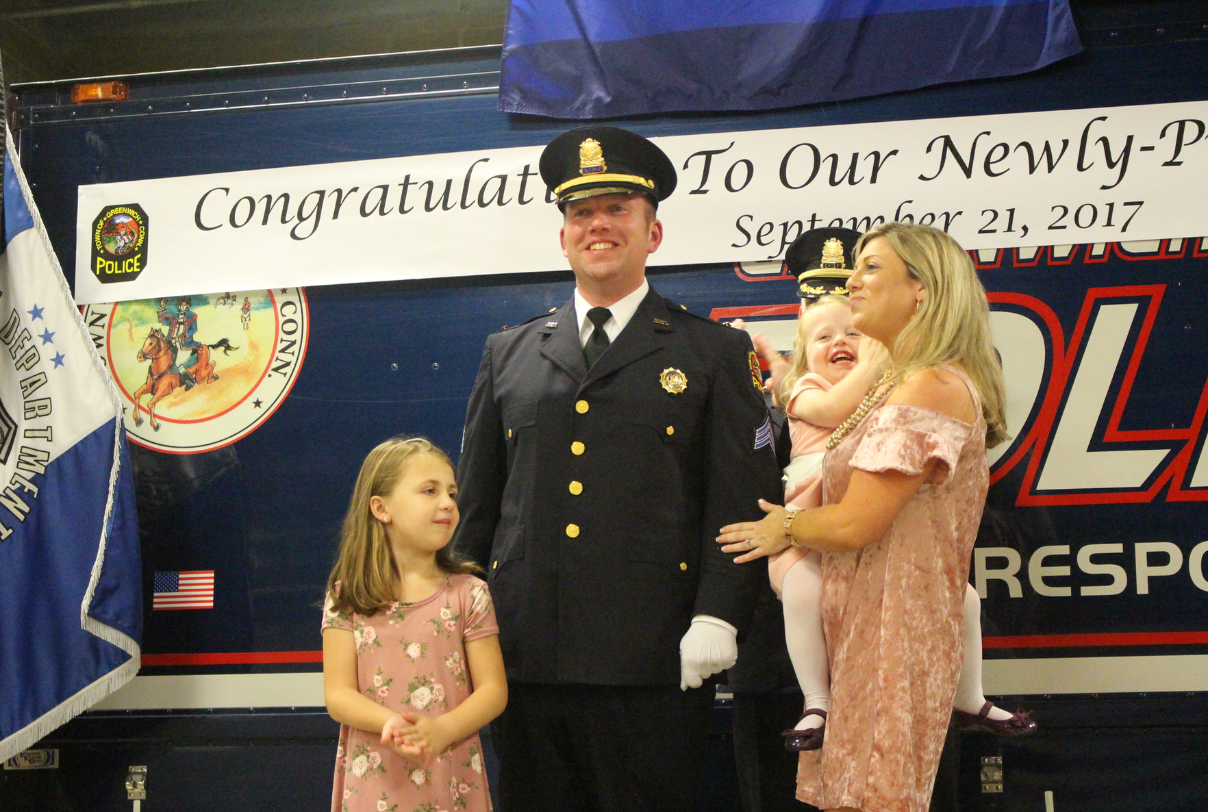 Newly promoted Lieutenant Eric Scorca with his family. Sept 21, 2017 Photo: Leslie Yager