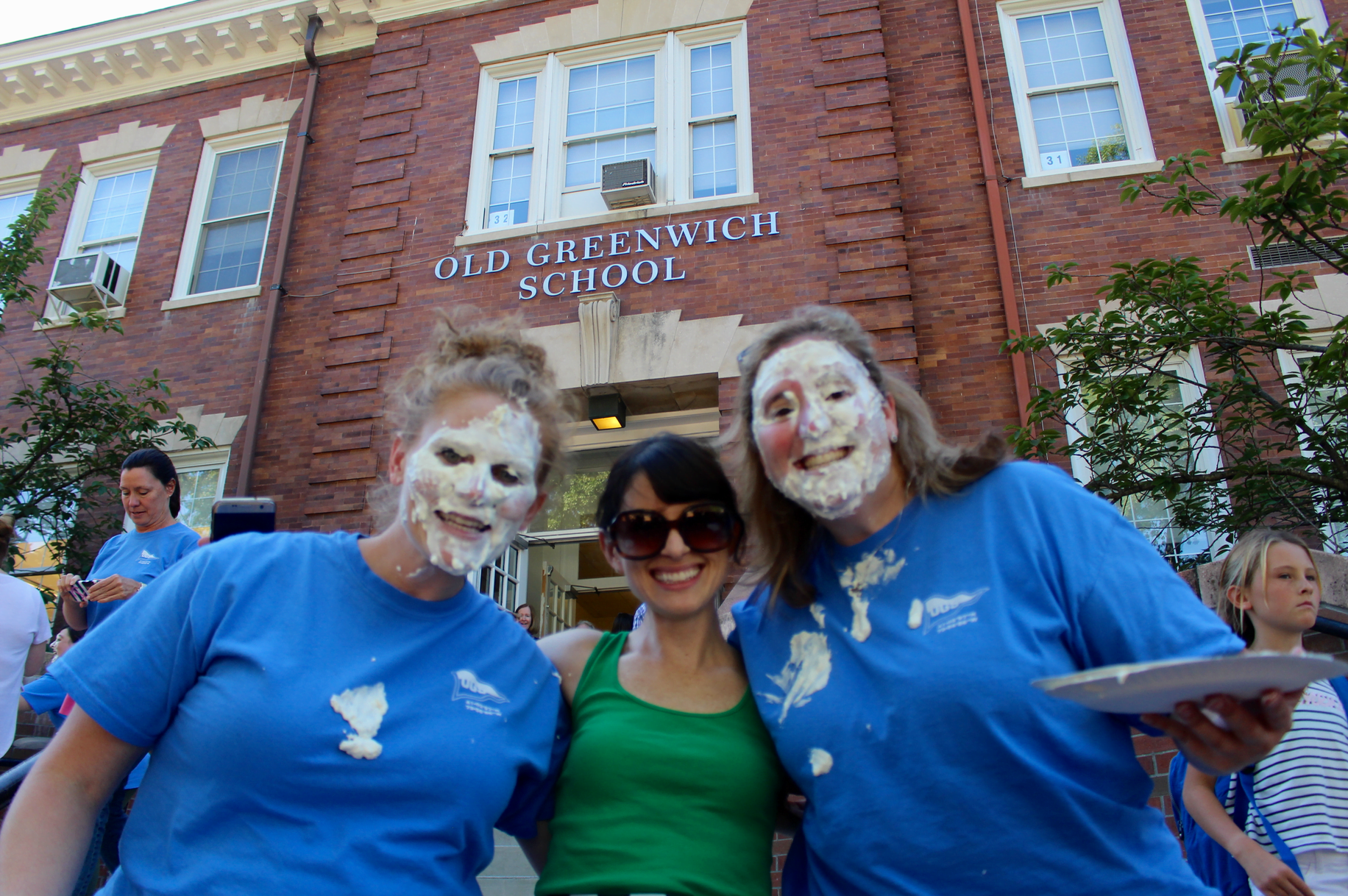 Assistant Principal Abby Ostruzka , Allyson Buck and Principal Jen Bencivengo at the Pie Smashing event at Old Greenwich School, Sept 22, 2017