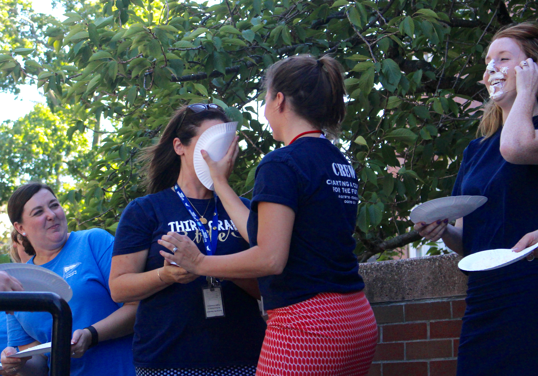Teachers at Old Greenwich School participated in the pie smashing event on Sept. 22, 2017 Photo: Leslie Yager