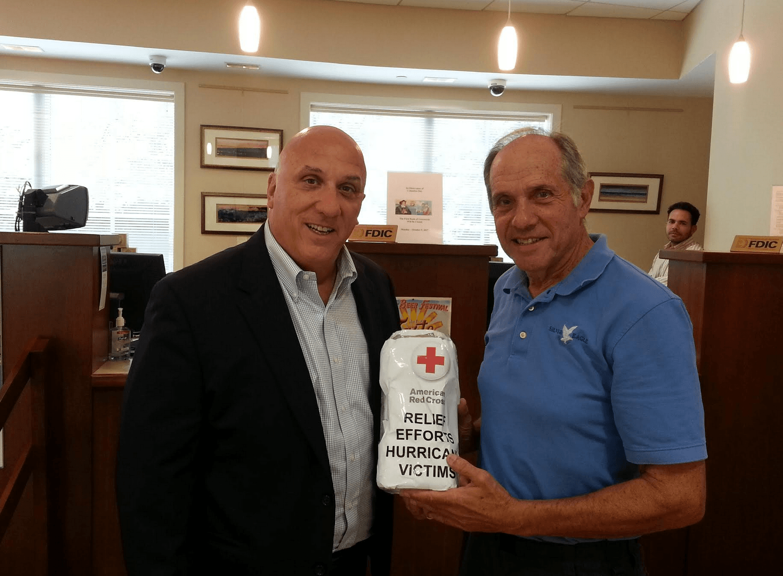 Blood drive organizer Gary Silberberg with Frank J. Gaudio, president and CEO of The First Bank of Greenwich. contributed photo