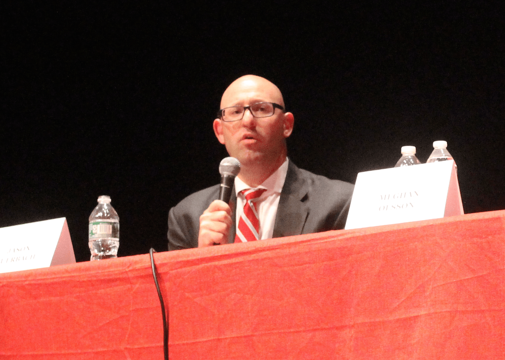 Board of Education candidate Jason Auerbach at the Oct 10 forum at Greenwich High School. Photo: Leslie Yager