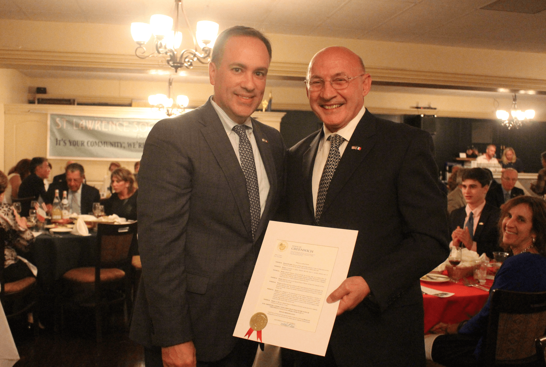 First Selectman Peter Tesei with honoree Renato Berzolla on Oct 9, 2017 Photo: Leslie Yager