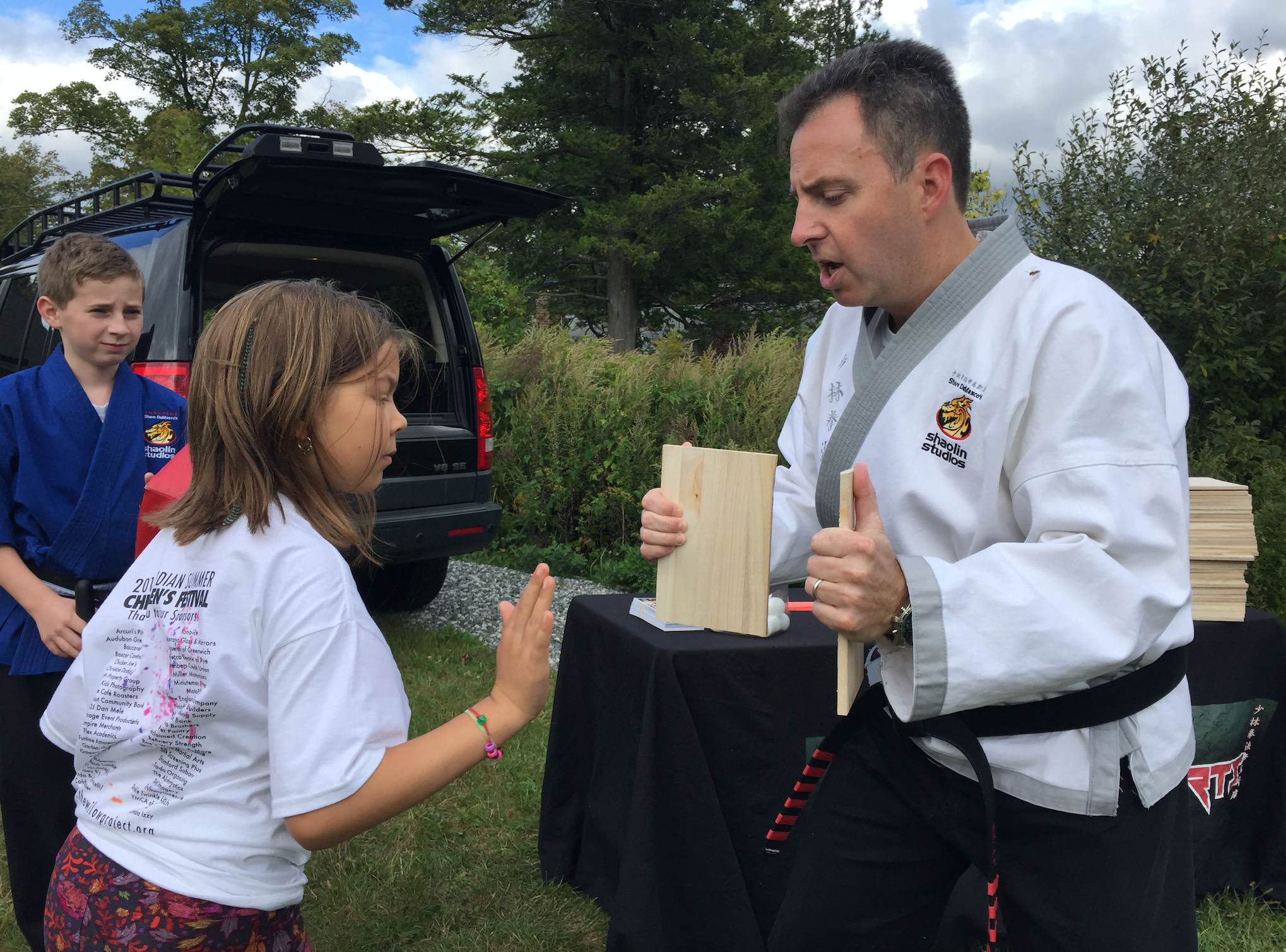 Lynn Gulli with Mike Meyer of SDSS Martial Arts at the Indian Summer Children’s Festival at Greenwich Audubon.