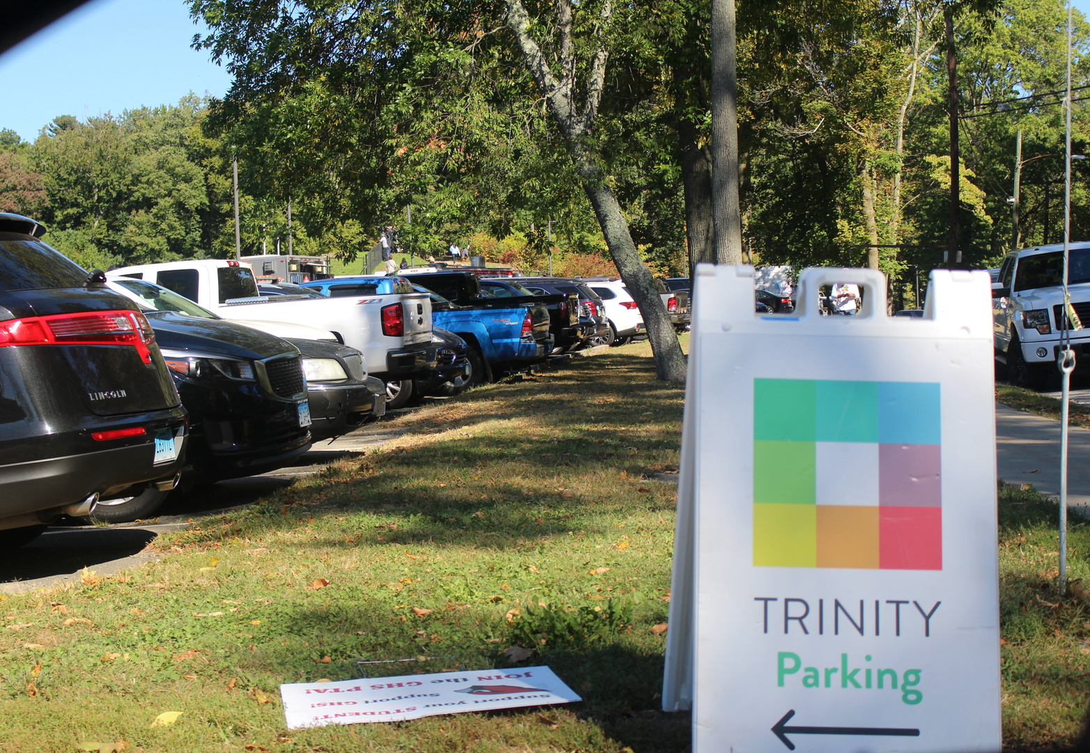 A sign directs members of Trinity Church into the parking lot's main entrance on Hillside Road. Oct 1, 2017