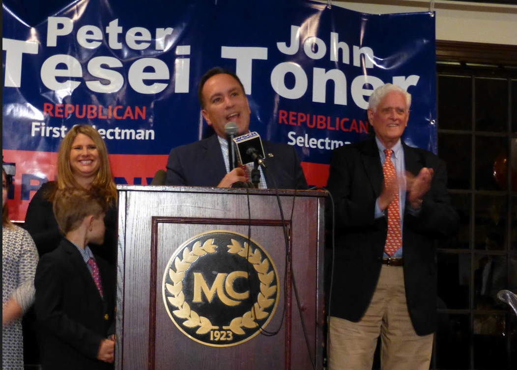 Peter Tesei, flanked by his wife Jill and selectman John toner at the Milbrook Club. Nov 7, 2017 Photo: James Finn