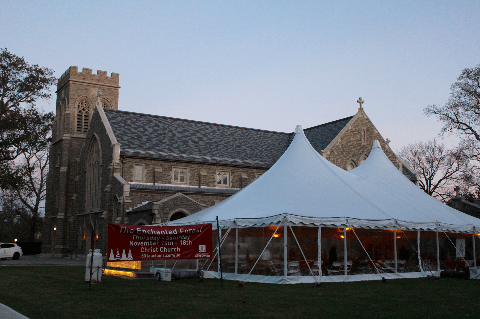 A giant white tent is set up in front of Chris Church to make room for children's activities during the Enchanted Forest, which runs through Nov 18, 2017 Photo: Leslie Yager