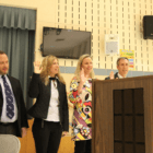 Left to right: Peter Bernstein, Kathleen Stowe, Meghan Olsson, and Peter Sherr being sworn in by town clerk Carmella Budkins, Nov 27, 2017 Photo: Leslie Yager