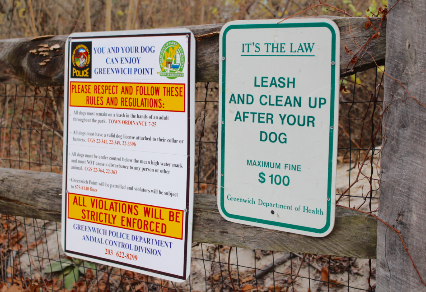 "All dogs must remain on a leash in the hands of an adult throughout the park, (Town ordinance 7-25); All dogs must have a valid dog license attached to their collar or harness (CT General Statutes 22-341, 22-349, 22-339b); and All dogs must be under control below the mean high water mark and must NOT cause a disturbance to any person or other animal. (CT General Statute 22-364, 22-363). Lastly, Greenwich Point will be patrolled and violators will be subject to $75-$140 fines. 