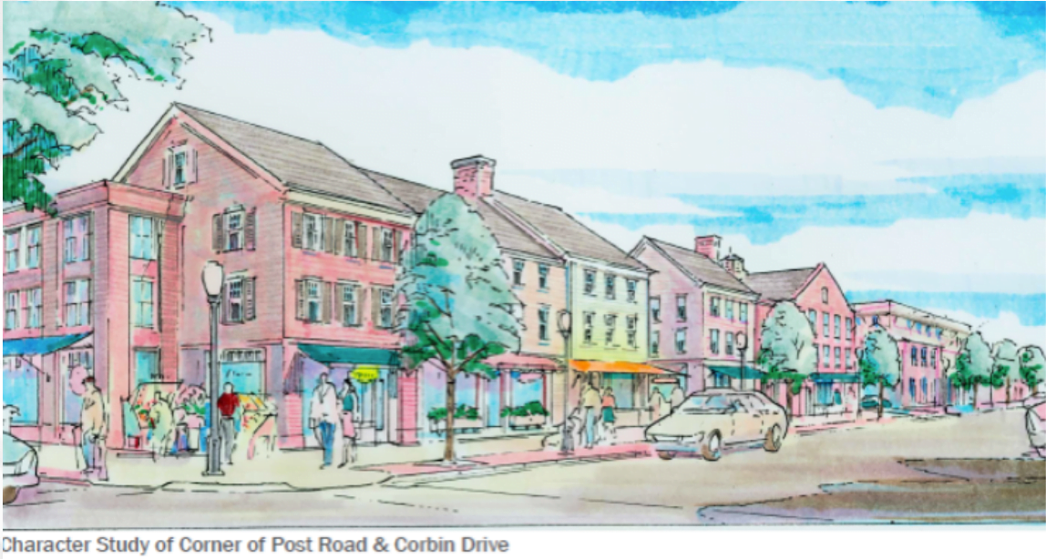 One of the conceptual drawings in the new plan, showing what part of the project could look like. These buildings mostly have three stories and pitched roofs above them.