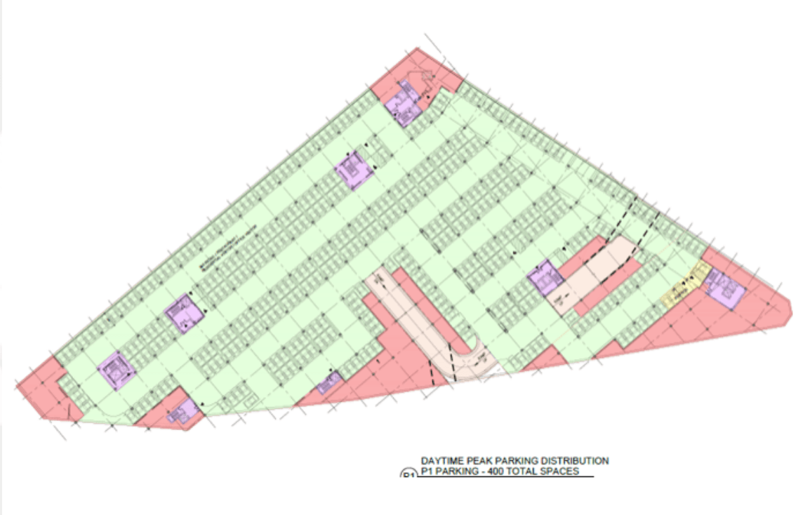 The previous parking plan would have covered just about the whole site, with the green areas in use and the pink/red areas essentially wasted space, Genovese said. And this would have been on two levels. The “400 total spaces” noted in the image refers to one of the two levels.