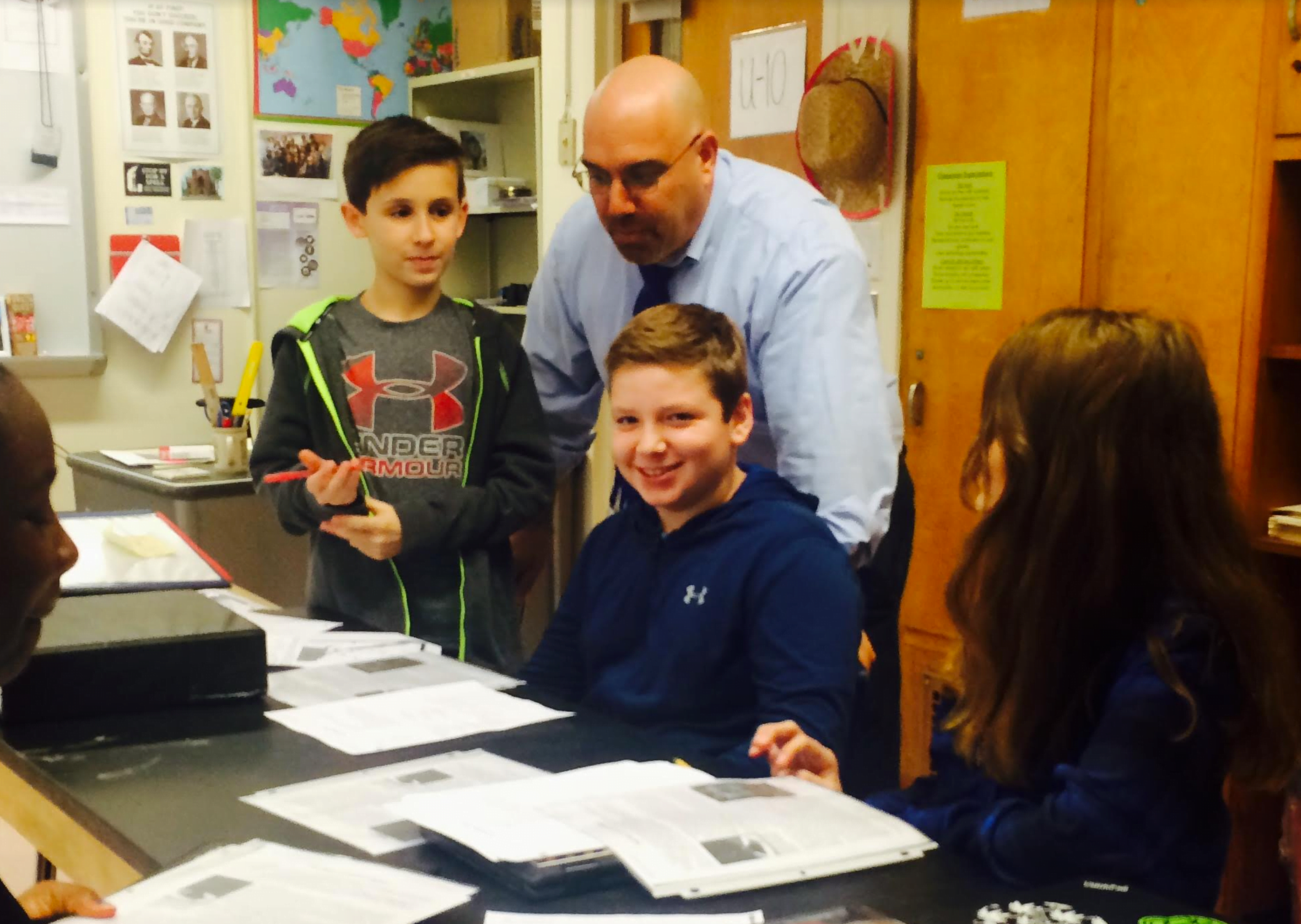 WMS principal Gordon Beinstein visited 7th graders in class on Wednesday, Dec 6, 2017 Photo: Leslie Yager
