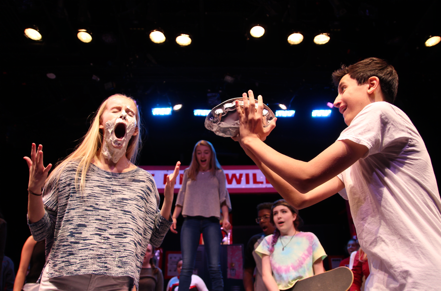The infamous pie scene in High School Musical, to be performed this week in the black box theater at Greenwich High School. Dec 11, 2017 Photo: Leslie Yager