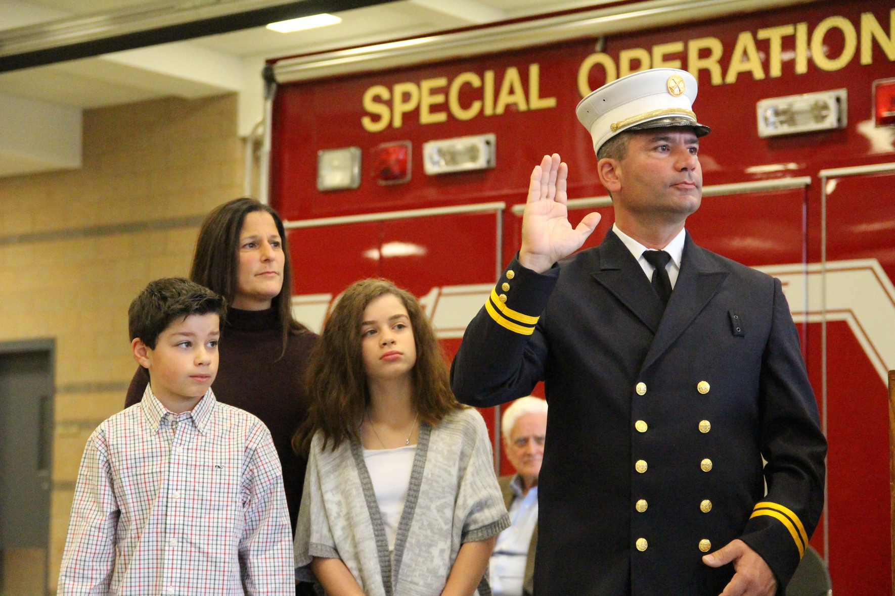 Chris Pratico was sworn in by first selectman Peter Tesei on Tuesday. He was promoted from Deputy Fire Marshal to Fire Marshal. Dec 12, 2017 Photo: Leslie Yager