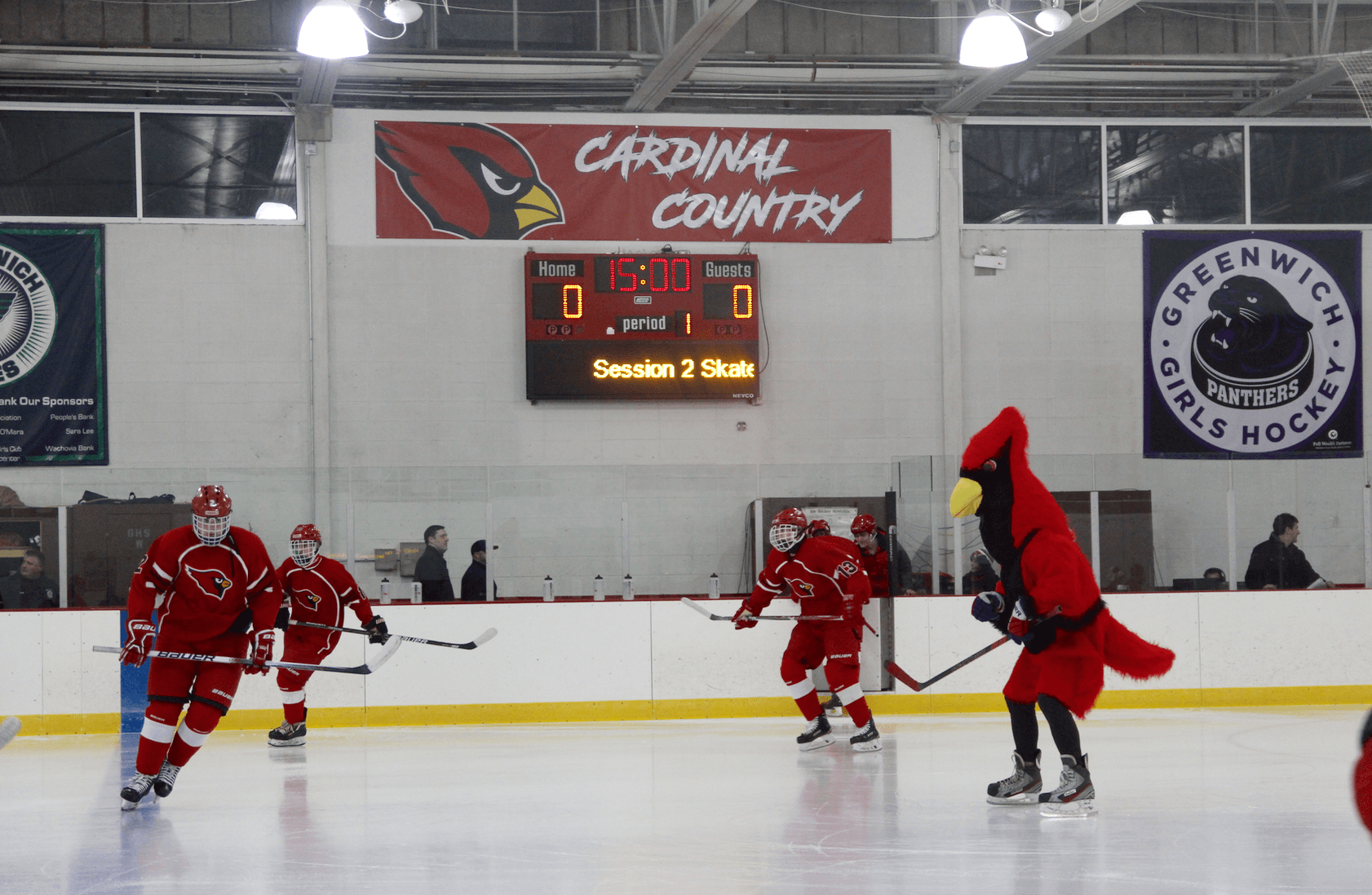 Cardinals mascot joined warmups before the season opener against St Joseph Cadets, Dec 16, 2017