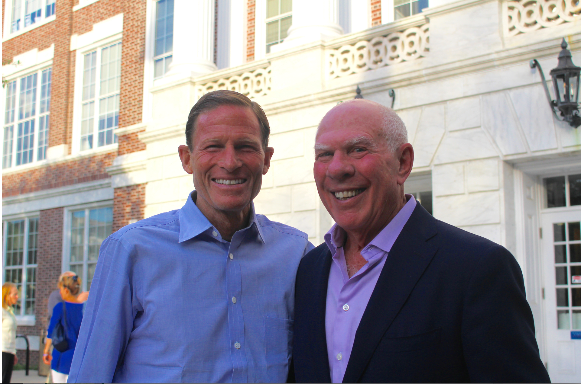 US Senator Richard Blumenthal and then candidate for First Selectman Sandy Litvack at vigil for those injured or perished in Charlottesville. Aug 13, 2017