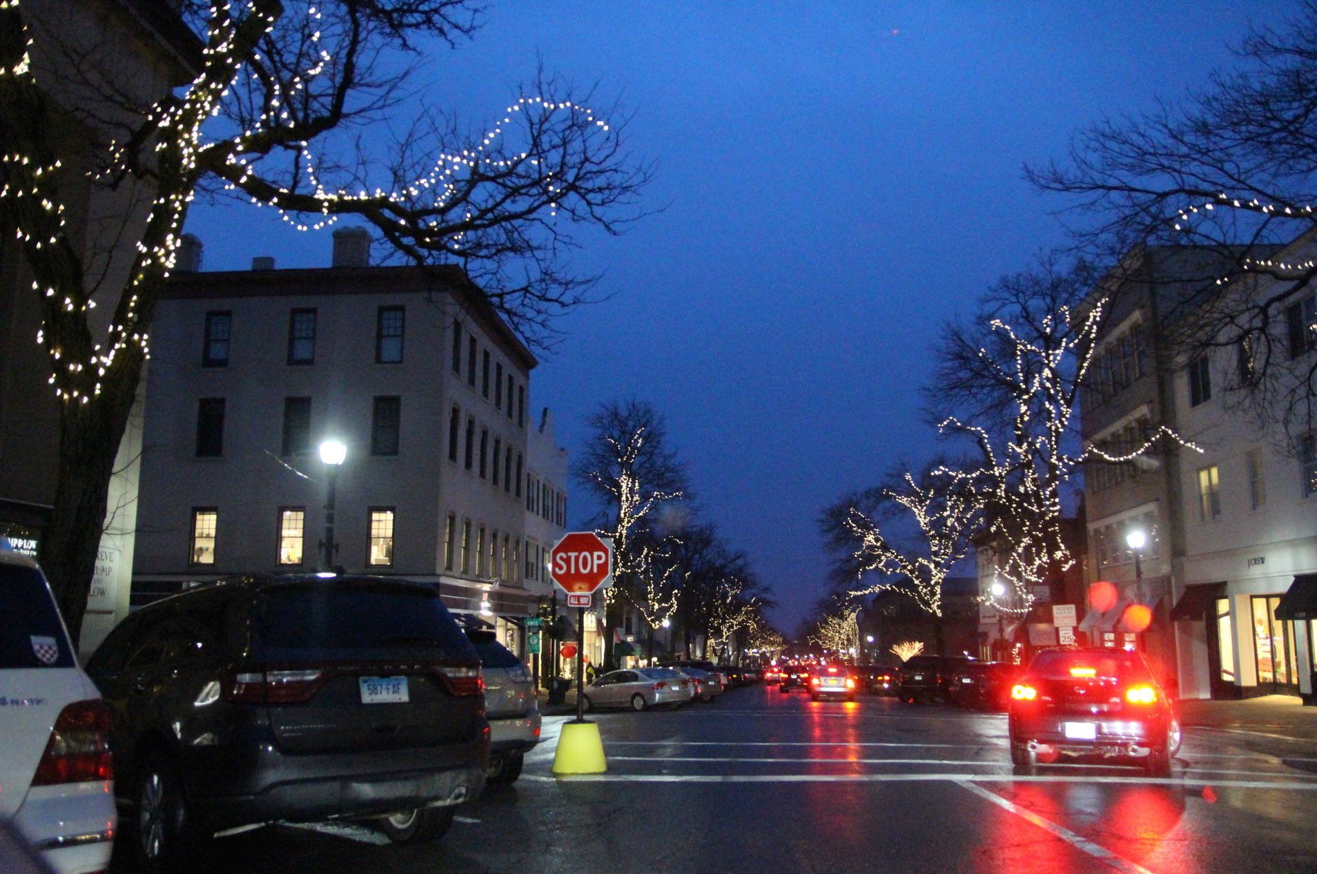Despite the fog and rain, seasonal lights brightened up the task of last minute shopping on Greenwich Avenue. Dec 23 Photo: Leslie Yager