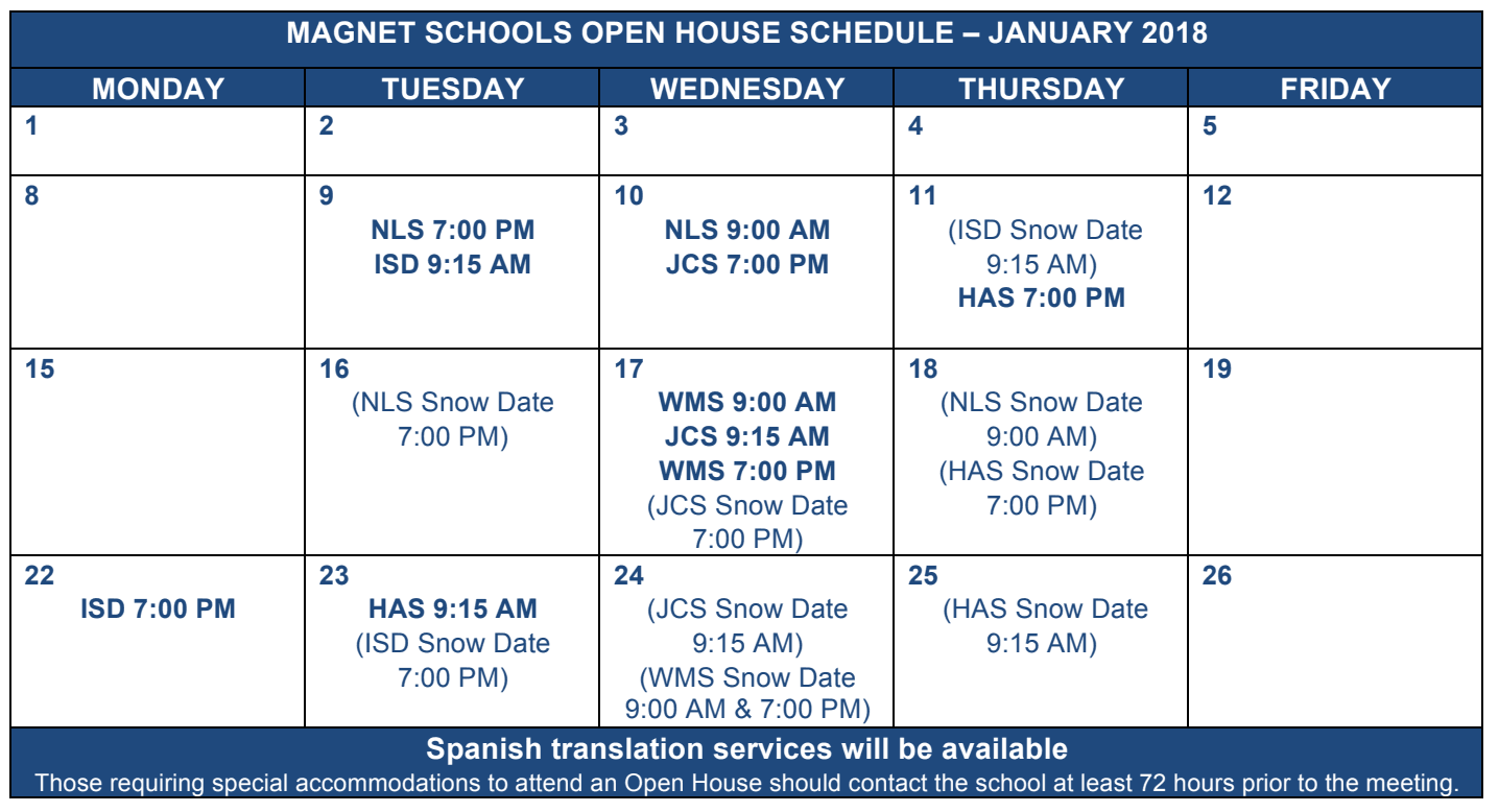 Magnet School open house schedule, Jan 2018